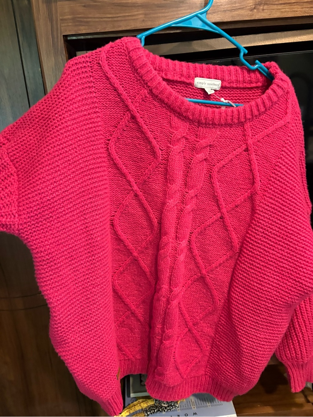 Simply Southern Bright Pink Cable Knit Crewneck Sweater
